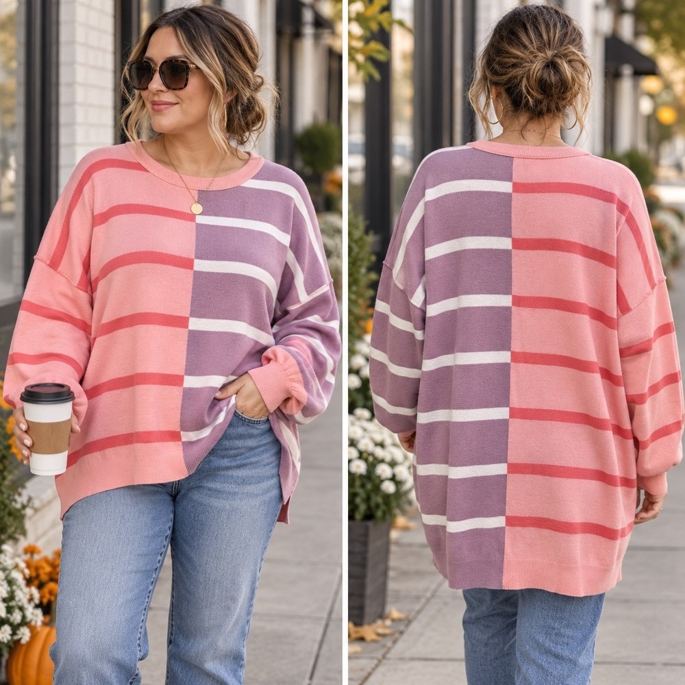 Oversized Colorblock Stripe Sweater Women's Large Pink Lilac White Cozy High Low